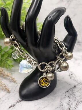 Chicos Silver Tone Charm Bracelet Crystal Beads Ball Dangles Toggle Heart Charm